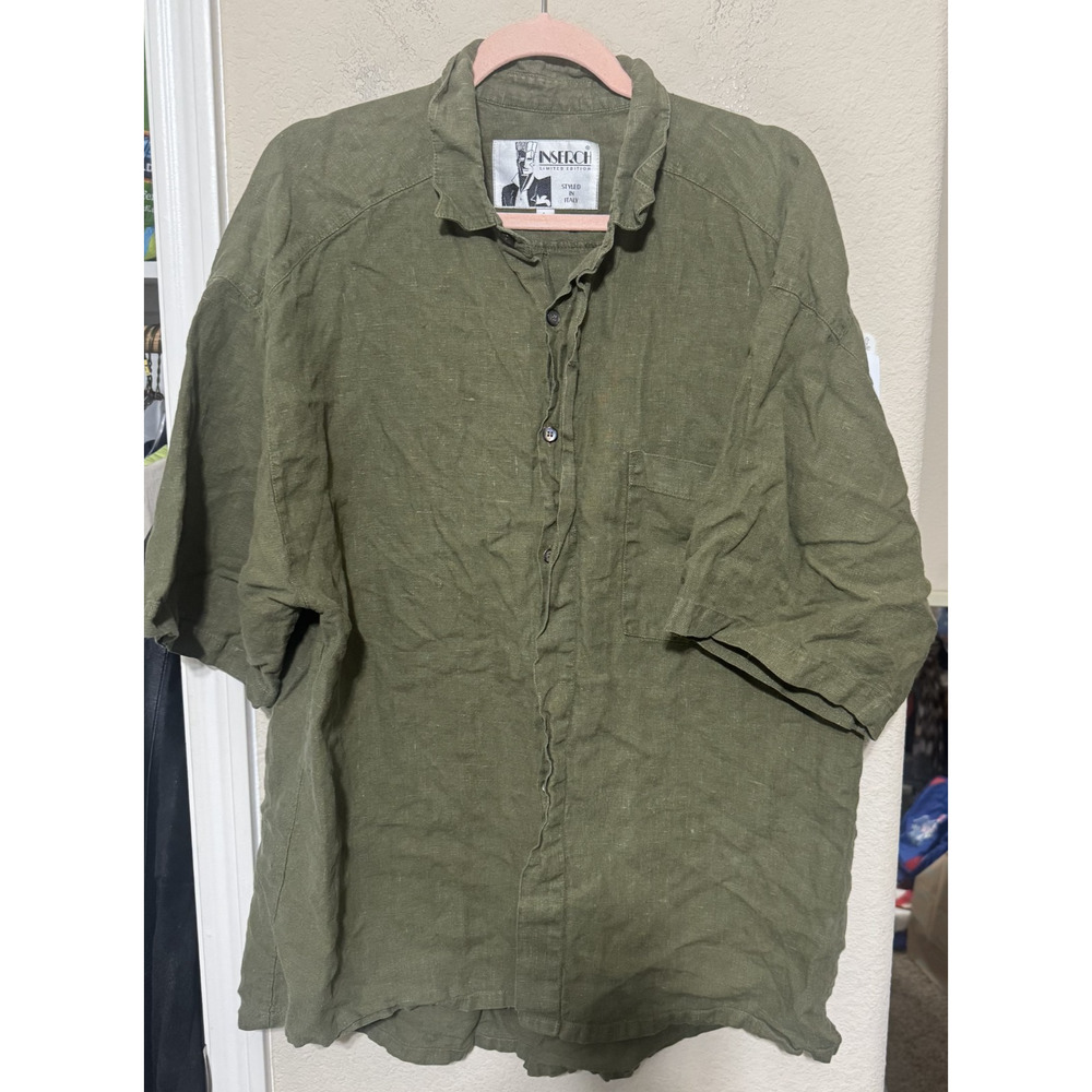 Inserch 100% Linen Shirt Mens L Button Up Short Sleeve Olive Green resort beach